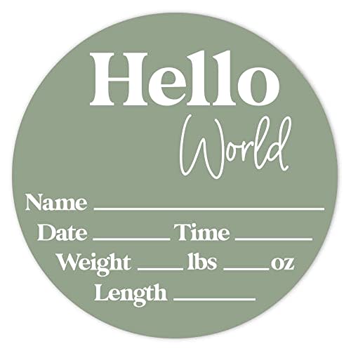 Hello World Newborn Sign - Baby Name Birth Announcement Plaque for Hospital - Photo Prop - Sage Green Nursery Decor - Shower Gift