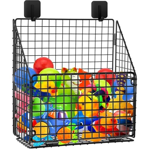 Foldable Bath Toy Storage Basket, Collapsible Metal Bathtub Shower Toy Organizer, Wall Mounted Hanging Shower Basket, Bath Toy Holder For Bathtub for Easy Access and Sorting Toys/Clothes/Toiletries