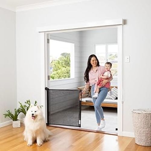 Retractable Baby Gate Perma Child Safety 33" Tall x 71” Wide, Mesh, for Stairs, Doorways, Dogs, Pets, Indoor, Outdoor, One-Handed Operation, Locking, Easy Install, Hardware Mount, Black