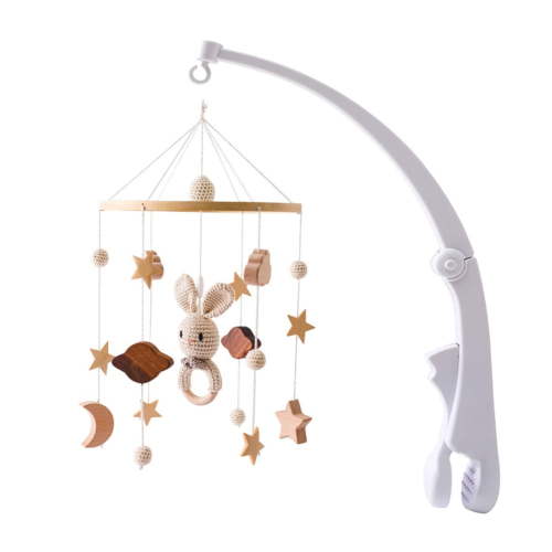 Baby Crib Bell Mobile – Wooden Rotating Wind Chimes with Star, Moon & Cloud Crochet Pendants, Soothing Sleep Aid & Interactive Nursery Toy for Newborns