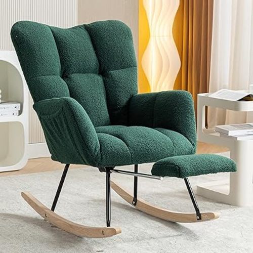 NIOIIKIT Nursery Rocking Chair, Teddy Upholstered Glider Chair with Adjustable Footrest, Padded Recliner Chair with High Backrest, Rocker Recliner Chair, Reading Chair for Nursery (Green)