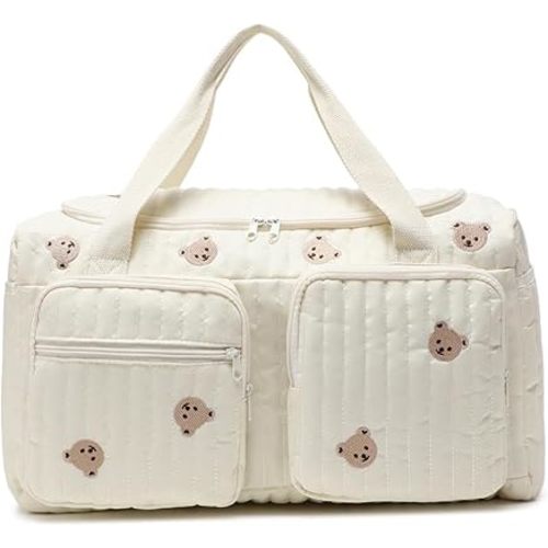 Ferricult Quilted Tote Diaper Bag, 18.9x8.7x10.2in Bear Pattern Baby Diaper Bag with Multi-pockets, Travel Weekender Bags, Cute Duffle Bags for Women Travel & Hospital