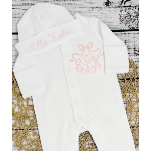 Baby Girl Sleeper Set Newborn Girl Outfit White Cotton Baby Clothes with Name Hat Bundle for Christening Gift Idea for Newborn Custom Set