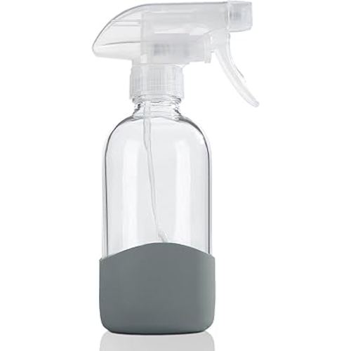 HOMBYS 8 Oz Empty Clear Glass Spray Bottles with Silicone Sleeve Protection Refillable Containers for Cleaning Solutions, Essential Oils, Misting Plants - Quality Sprayer - 1 Pack Boston Bottles
