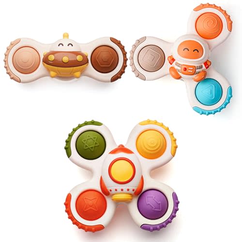 LiKee Strong Suction Cup Fidget Spinnerz Sensory Bath Toys for Baby 12 18 Months Airplane Car Travel Table & Window Toys for 1 2 Years Old Toddler Boys and Girls (Space-2)