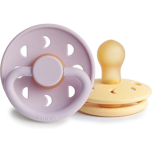 FRIGG Moon Natural Rubber Baby Pacifier | Made in Denmark | BPA-Free (Soft Lilac/Daffodil, 0-6 Months) 2-Pack