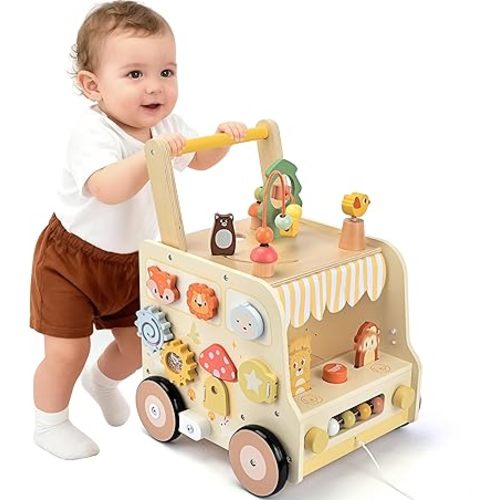 Wooden Activity Cube Push Walker, Wooden Baby Walker, Montessori Toys for Babies 10-12 Months 1 2 3 Years Old Boys & Girls, Help Learning to Walk & Sit-to-Stand