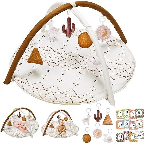 Tummy Time Activity Mat, Macrame Baby Play Gym Mat with 6 Detachable Toys and 12 Milestone Cards for Stage-Based Sensory and Motor Skill Development, Washable Play Mats for Infant, Non Slip Play Mat