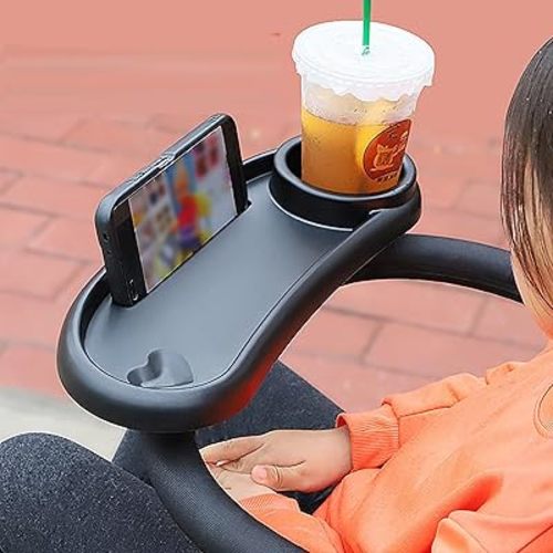 Yuehuam Universal Stroller Snack Tray with Cup Holder, 3 in 1 Stroller Cup Holder with Snack Tray & Phone Holder with 2 Extendable Grip Clip for Most Flat/Round Handrail Tubes Baby Accessory