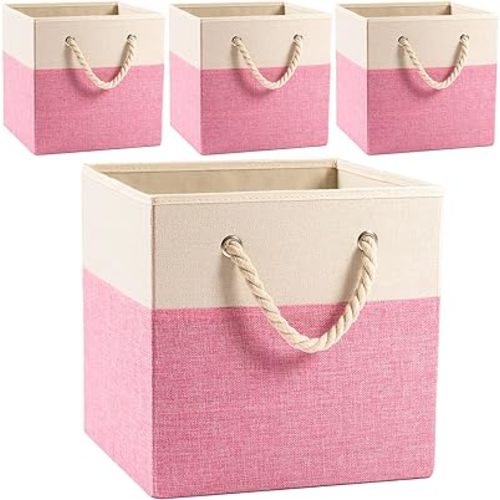 PRANDOM Large Foldable Cube Storage Bins 13x13 inch [4-Pack] Fabric Linen Storage Baskets Cubes Drawer with Cotton Handles Organizer for Shelves Nursery Closet Bedroom Pink