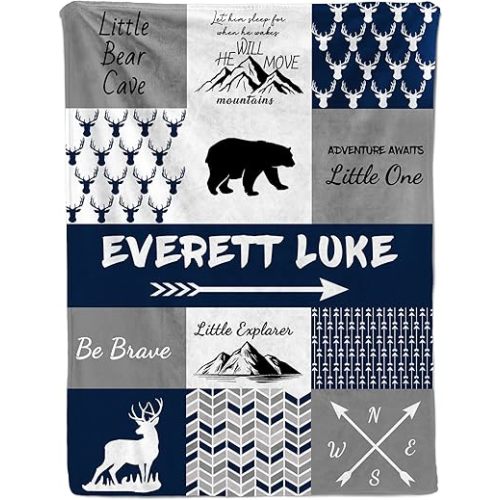 Ship Next Day, Personalized Baby Boy Blanket Gifts, Custom Receiving Blankets for Boys, Woodland Kids Blanket with Name, Customized Newborn Swaddle Blankets, Baby Shower Birthday
