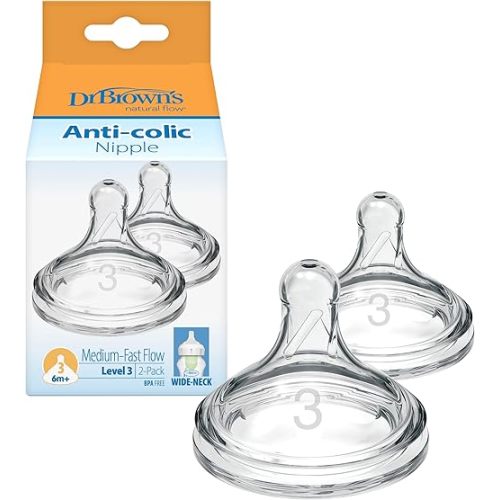 Dr. Brown’s Natural Flow Level 3, Wide-Neck Baby Bottle Nipple, Medium-Fast Flow, 6m+. 100% Silicone, 2 Pack