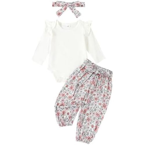 Kaipiclos Newborn Infant Girl Clothes Rib Knit Romper Daisy Print Pants Headband Baby Clothes for Girls 0 3 6 12 18 24 Months