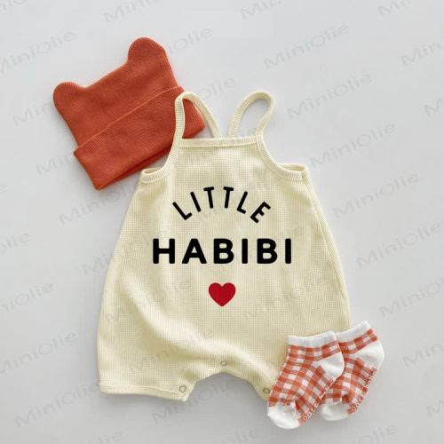 LITTLE HABIBI Baby Heart Waffle Suspenders Romper