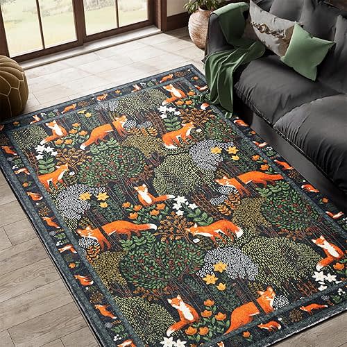 Estmy Moody Black Botanical 5x7 Area Rug Washable, Vintage Floral Cottagecore Plants Indoor Entryway Rug, Cute Tropical Woodland Forest Area Rug Accent Carpet for Living Room Bedroom Kitchen Dorm