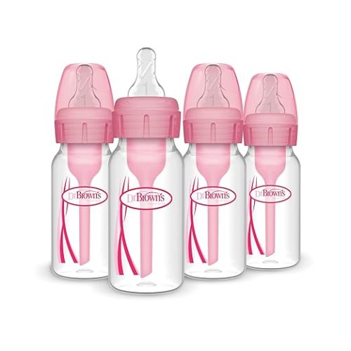 Dr. Brown's Natural Flow Anti-Colic Options+ Narrow Baby Bottle, 4 oz/120 mL, with Level 1 Slow Flow Nipple, Pink, 0m+, 4 Pack