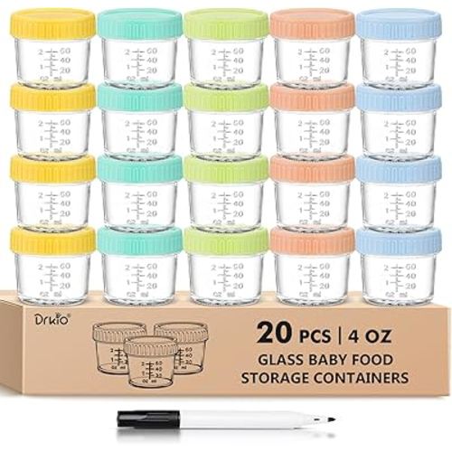 DRKIO 20 Pack Glass Baby Food Storage Containers 4 Oz Baby Food Jars with Lids Baby Food Maker Microwave Dishwasher Freezer Safe 100% Leak-Proof BPA Free