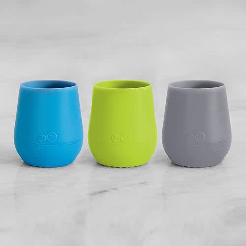ezpz Tiny Cup 3-Pack (Blue, Lime & Gray) - 100% Silicone Training Cup for Infants - Designed by a Pediatric Feeding Specialist - 4 months+ - Baby-led Weaning Gear & Baby Gift