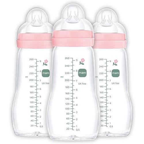 MAM Premium Glass Baby Bottles, Easy Switch Between Breast and Bottle, Feel Good Medium Flow, Newborn Essentials Must Have, 2+ Months, BPA Free, 9oz, Girl, 3 Pack