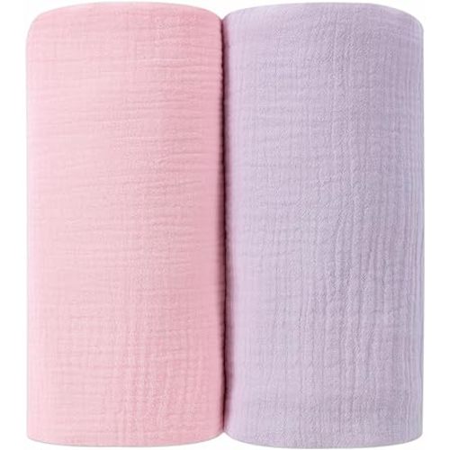 DaysU Muslin Baby Swaddle Blanket, Cotton Swaddling Blankets for Baby Boy and Girl, Nursery Skin-Friendly Baby Receiving Blanket for Newborns, Breathable Swaddle Wrap 2 Pack, 47”x47”-Pink+Lilac