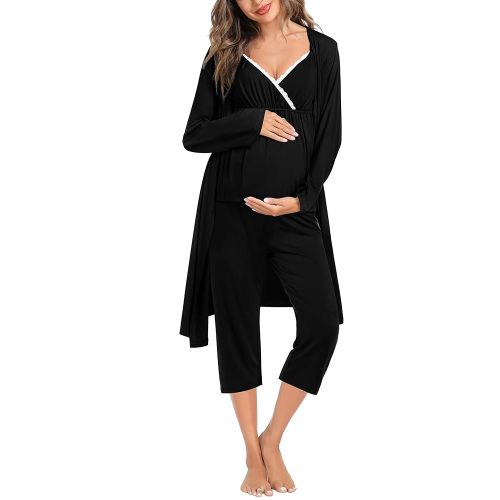 SWOMOG Maternity Nursing Robe Set 3 Piece Breastfeeding Pajamas 3 in 1 Labor Delivery Sleevless Tops&Long Pants Pregnancy Pjs