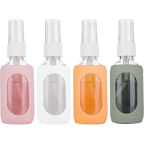 HOMBYS Empty Clear Glass 2oz Small Spray Bottles with Silicone Sleeve Protection - Refillable Containers for Travel, Cleaning Solutions, Essential Oils, Sanitizers - Fine Mist Spray - 4 Pack-Clear