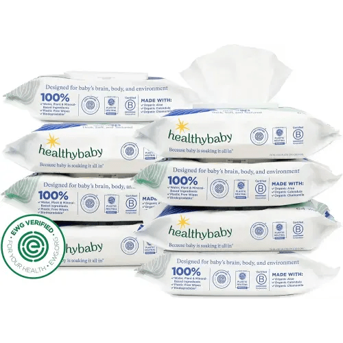 HealthyBaby Our Wet Wipes | EWG Verified Safe | 100% Water & Plant Based | Unscented & Safe for Sensitive Skin | Fragrance Free and Totally Chlorine Free (8 packs, 512 wipes)