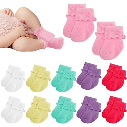 Toulite 12 Pairs Preemie Socks Girls and Boys Premature Ruffle Turn Cuff Cotton Socks Hospital Nicu