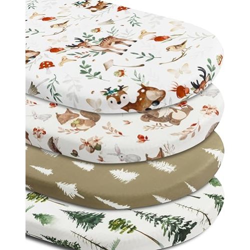 4 Pack Bassinet Sheets Woodland Forest Animals Wood Neutral Unisex Fitted Baby Bassinet Sheets Set for Standard Bassinets for Baby Boys or Girls