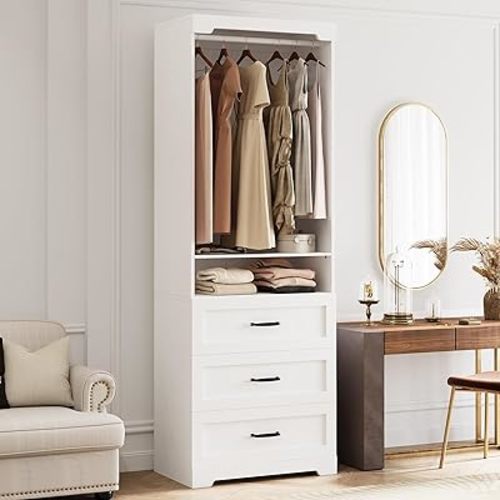 IRONCK Freestanding Closet System with 3 Wood Drawers, Modern Armoire Wardrobe with Adjustable Shelves & Hanging Rod, Walk-in Closet Systems Organizer for Small Closet, White