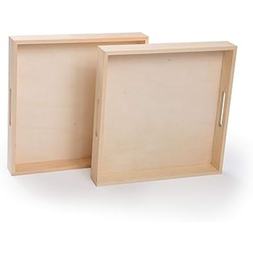 Wood Tray/Wooden Trays | Square Serving Boxes with Handles - Unfinished & Small | for Montessori Materials, Crafts to Paint, Kids, Decor, Shelf, Activity (10.5 x 10.5 x 1.5, Pack of 2)
