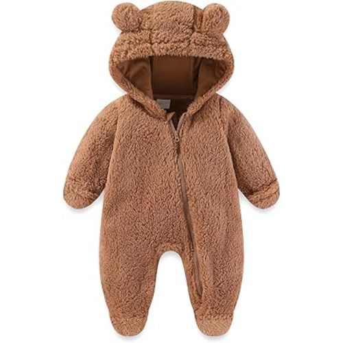 UVIPC Newborn Baby Fleece Footie Snowsuit Winter Onesie Cartoon Bear Warm Hooded Outfits for Girls Boys