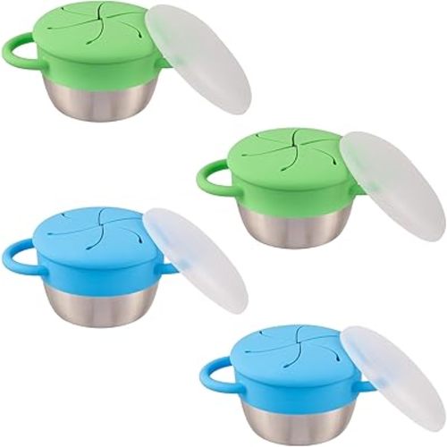 Elk and Friends Stainless Steel Snack Cups – Pack of 2 | Removable Silicone Food Catcher and Travel Lid | Spill-Proof Snack Containers for Baby, Toddler, Kids | Dishwasher Safe, Food Grade Silicone