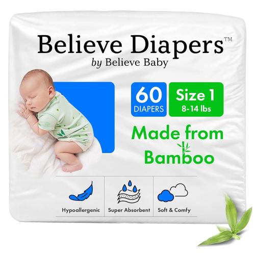 Believe Diapers Size 1 (8-14 Lbs) Viscose Bamboo Diapers 60 Count – Natural Baby Diaper, Chemical Free and Fragrance Free Natural Diaper for Sensitive Skin, Super Absorbent with Leak Protection