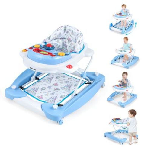 Infans 6-in-1 Foldable Baby Walker, Infant Activity Walker With Wheels, Adjustable Heights, Rocker, Music, Lights, Walker For Baby 7-14 Months, Blue