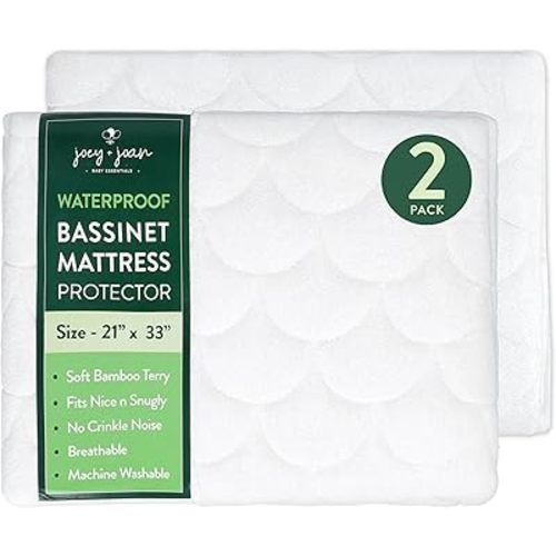 Joey + Joan Waterproof Bassinet Mattress Pad Cover Compatible with AMKE Baby Bassinet & Bedside Sleepers – 2 Pack Quilted Mattress Protector Made from Ultra Soft Bamboo Viscose Terry – 21" x 33"