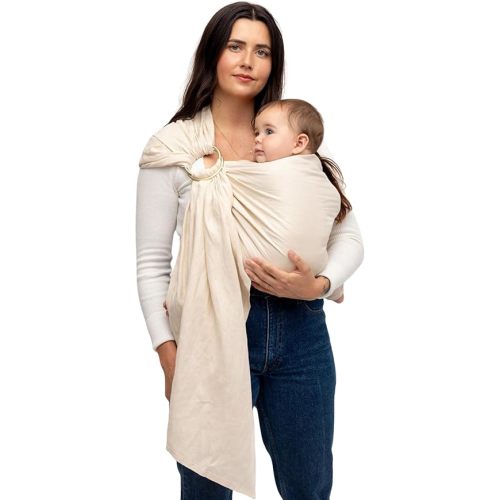 WildBird - Ring Sling Baby Carrier - 0-36 Months (up to 35 lbs) - Standard (74") Sparrow & Gold Ring - Front, Hip or Back Carry - Adjustable Fit - Natural Linen - Baby Essentials - New Mom Gifts