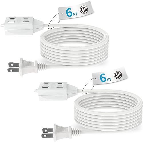 TiFFCOFiO Indoor Extension Cord, 2 Prong 6 Feet Extension Cord, 3 Polarized Outlets with Safety Slide Windows,13A/1625W, 16 AWG, 2 Packs