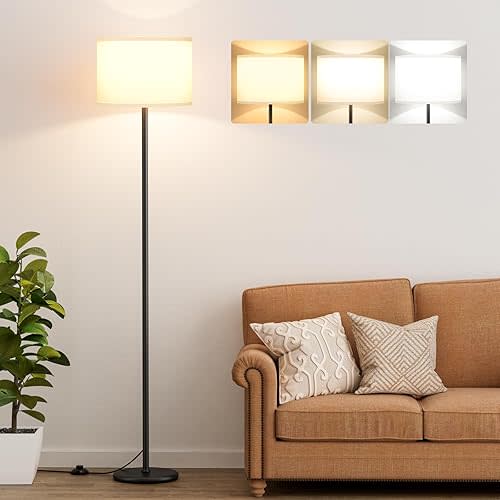 Ambimall 61'' Modern Floor Lamp with Shade, Tall Lamps for Living Room, Bedroom, Office, Dining Room, White Shade with Black Pole(Without Bulb)