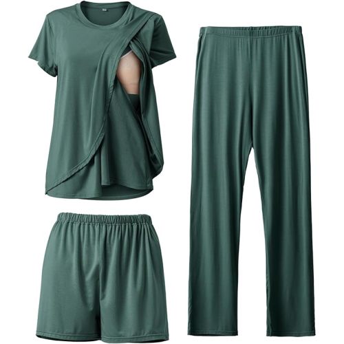 Rnxrbb 3 Piece Postpartum Nursing Pajamas Set Casual Soft Maternity Breastfeeding Pjs Sleepwear Loungewear Clothes Layer