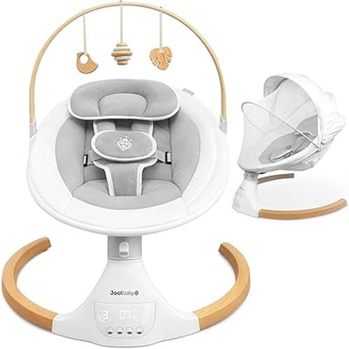 Jool Baby Nova Nature Baby Swing for Newborns with Natural Wood Toys, Electric Motorized Infant Swing, Bluetooth Music, Remote (Gray)