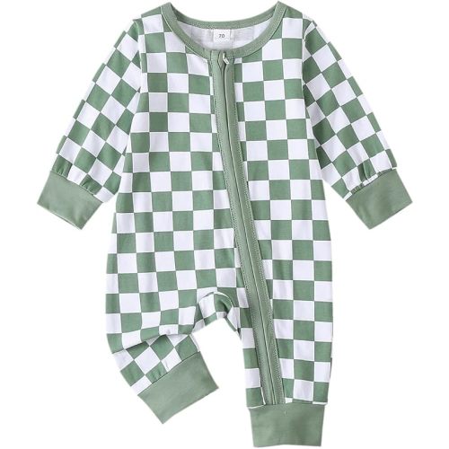 Karuedoo Newborn Baby Boy Girl Clothes Checkered Long Sleeve Zipper Romper Jumpsuit One Piece Bodysuit Fall Winter Outfit