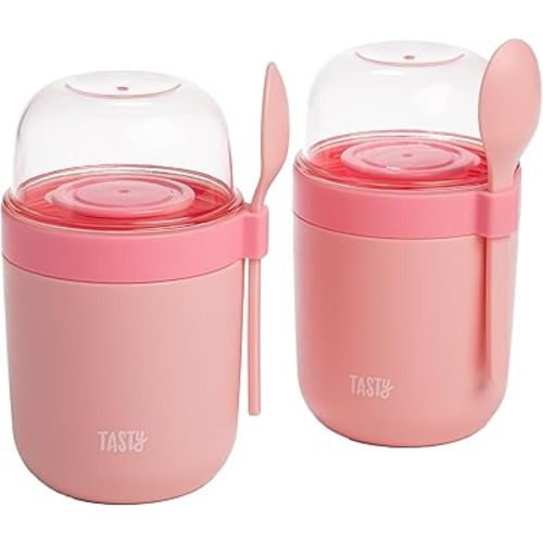 Travel Snack Cups with Spoons, On-The-Go Snacking, Divided Compartments, Great for Nuts, Cereal, Granola, Yogurt and More, Made Without BPA, 2-Pack, Pink