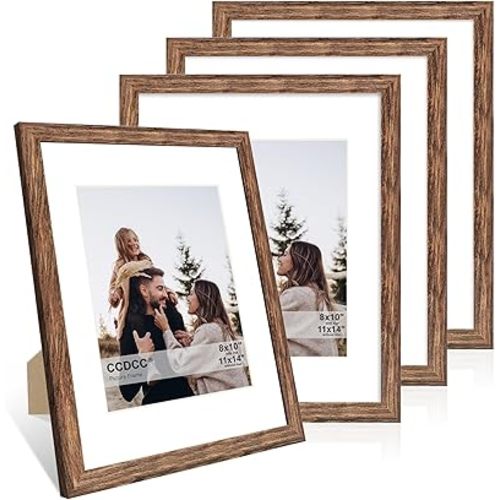 11x14 Picture Frame Set of 4, 11 x 14 Wood Photo Frames with Mat for 8x10, Natural Wooden Frame with Real Glass Cover for Wall and Tabletop Display,Rustic Brown