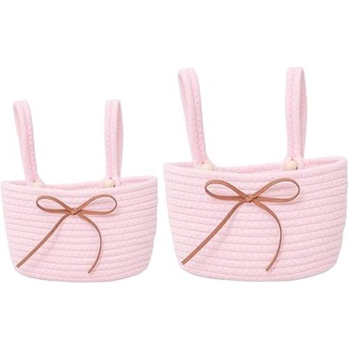 Cotton Rope Hanging Storage Baskets,Wall Basket with Handle, Shelf Organizer Bin for Closet, Functional Storage for Keys,Toys,and Small Items,Pink,Set of 2