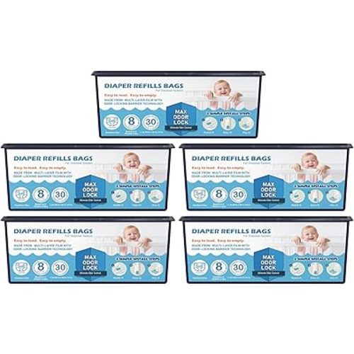 Diaper Pail Refills Bags with 30 Bags Compatible with Genie Easy Roll Signature Diaper Pails, Lasts Up to 8 Months, 7-Layer Odor-Barrier Technology, Pack of 5 (150 Bags)