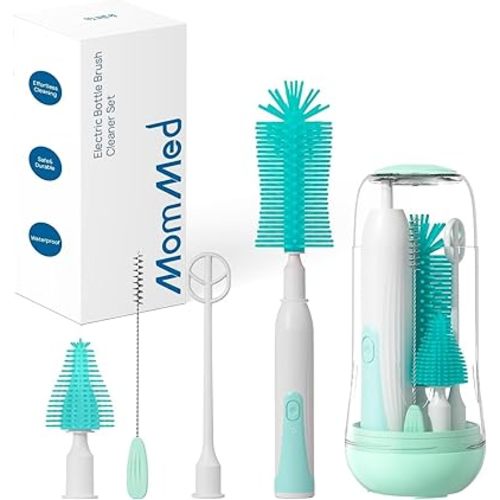 MomMed Brosse électrique pour biberon avec biberon en silicone, sucette, brosse à paille et tête de mélange, brosse de nettoyage étanche pour biberons avec support de séchage, 2 modes et rotation à