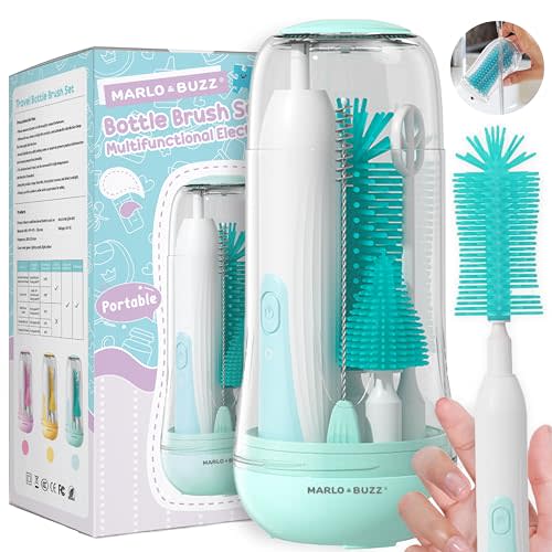 Marlo & Buzz Electric Baby Bottle Cleaner Set, Rechargeable Waterproof Silicone Brushes With Large Bottle, Nipple, Straw Brush, Milk Stirrer, Drying Rack (Green)
