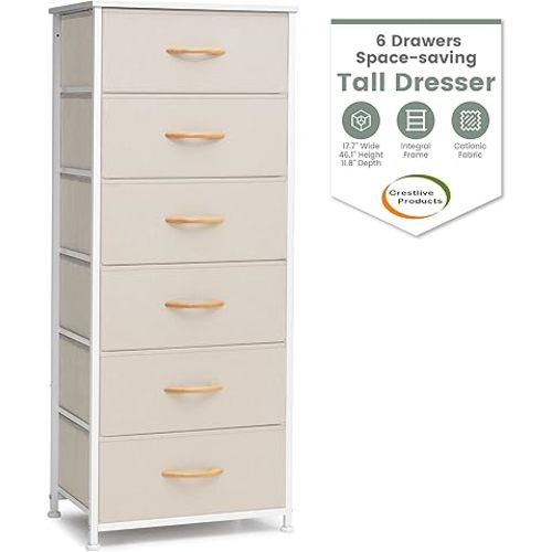 Crestlive Products Tall Dresser for Closet, Vertical Storage Tower - Sturdy Steel Frame, Wood Top, Easy Pull Fabric Bins Handles - Organizer Unit for Bedroom, Hallway, Entryway - 6 Drawers (Beige)