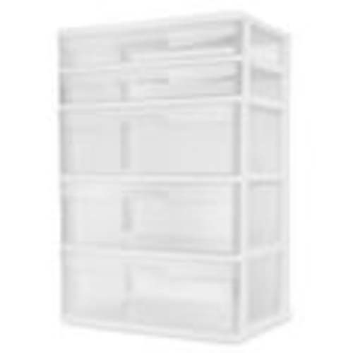 Sterilite Sturdy Large Plastic 5 Drawer Wide Tower White, Three Tall Storage Chest Dresser